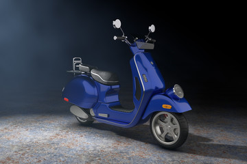 Blue Classic Vintage Retro or Electric Scooter in the Volumetric Light. 3d Rendering