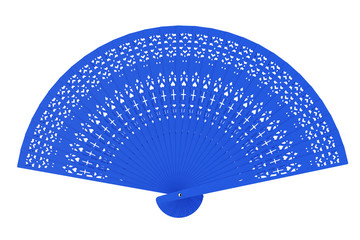 Blue Carved Wooden Hand Fan. 3d Rendering