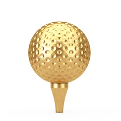 Rolgordijnen Golden Golf Ball on Tee. 3d Rendering © doomu