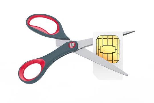 Blank White Sim Card Cut with Scissors. 3d Rendering