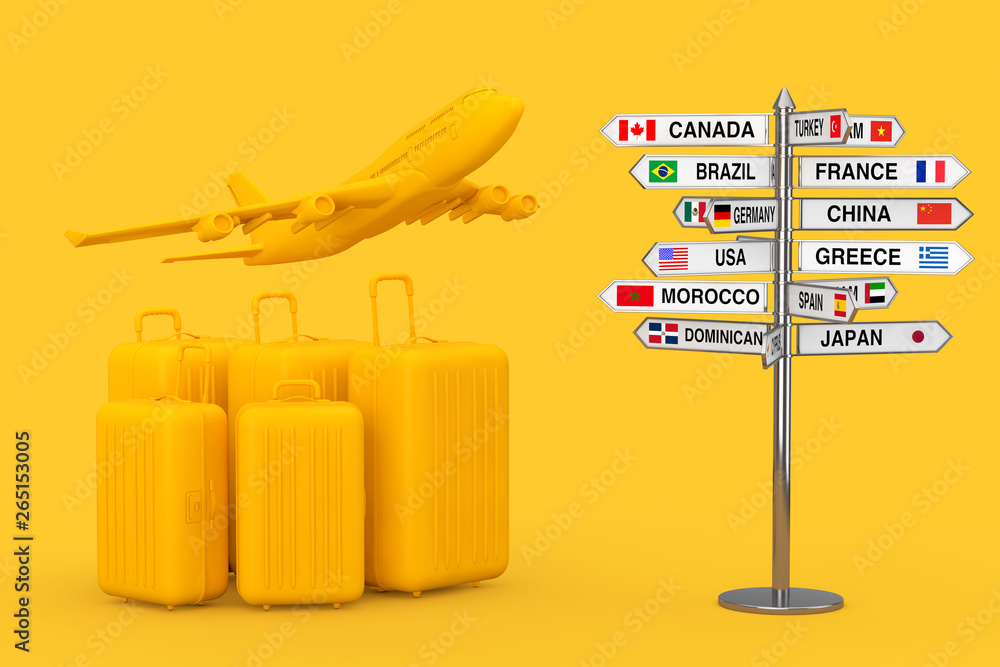 Poster air travel concept. large yellow polycarbonate suitcases with yellow jet passenger's airplane near s