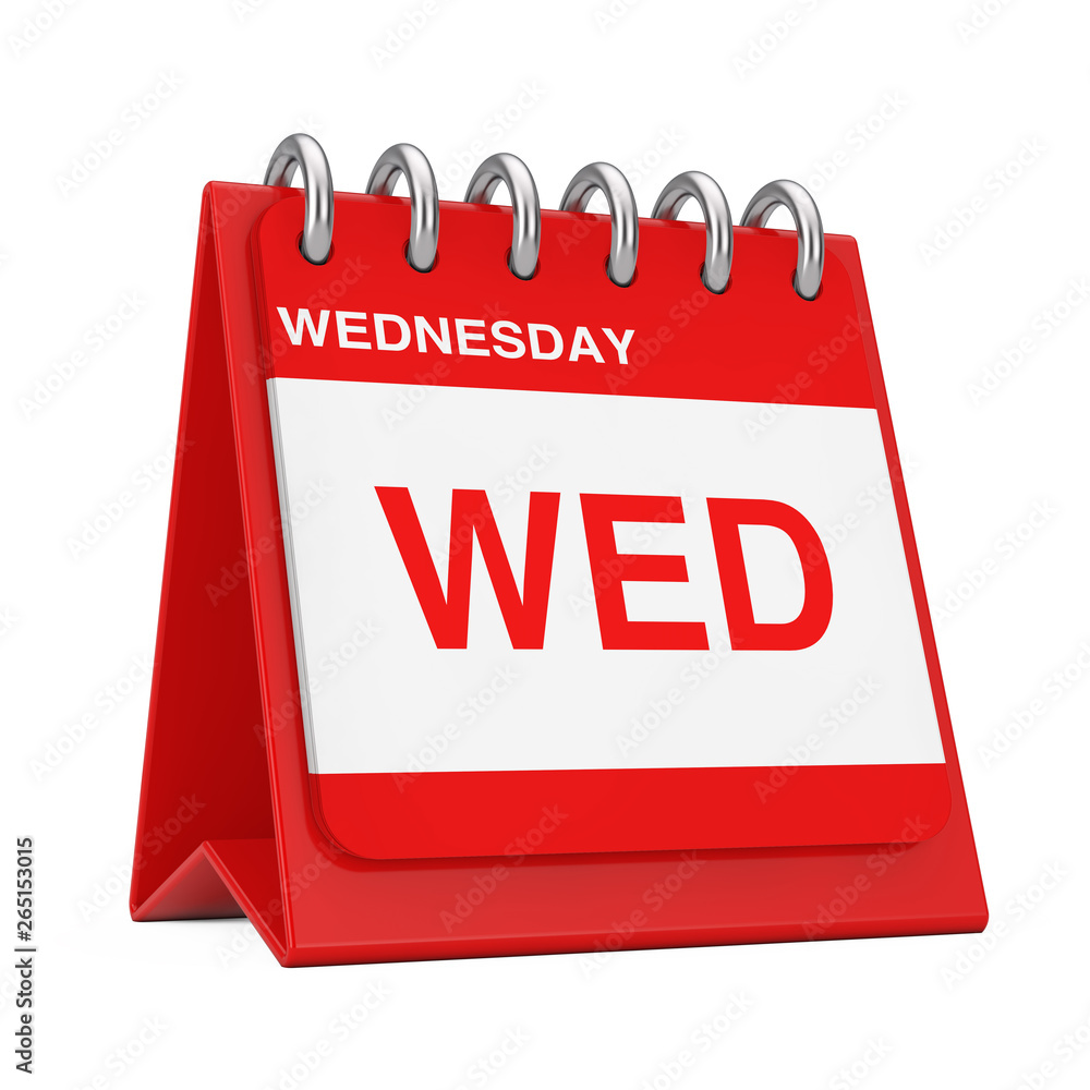 Aufkleber red desktop calendar icon showing a wednesday page. 3d rendering
