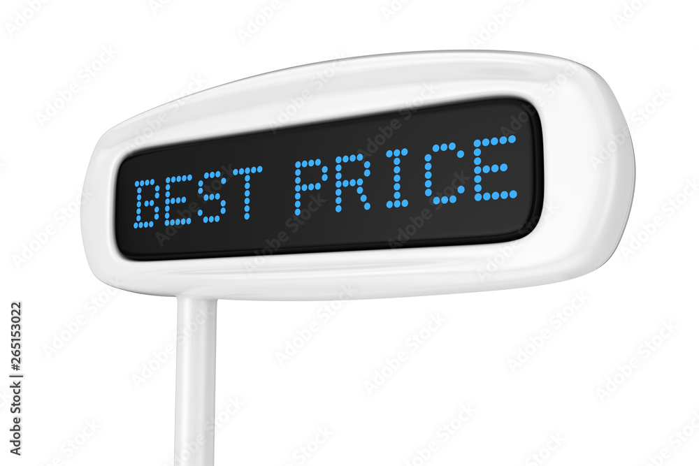 Aufkleber abstract cash register display displaying best price blue sign. 3d rendering