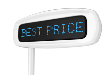 Abstract Cash Register Display Displaying Best Price Blue Sign. 3d Rendering