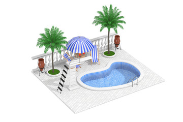 Fototapeta na wymiar Vacation Concept. Isometric Water Pool, Mini Bar and Palms. 3d Rendering