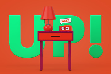 Vintage Flip Clock with Retro Night Table Lamp and Wake Up Sign over Old Stylish Table. 3d Rendering