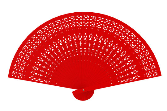 Red Carved Wooden Hand Fan. 3d Rendering