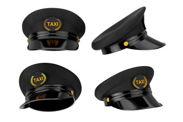 Set of Black Taxi Driver Caps with Goldan Cockade and Taxi Sign. 3d Rendering