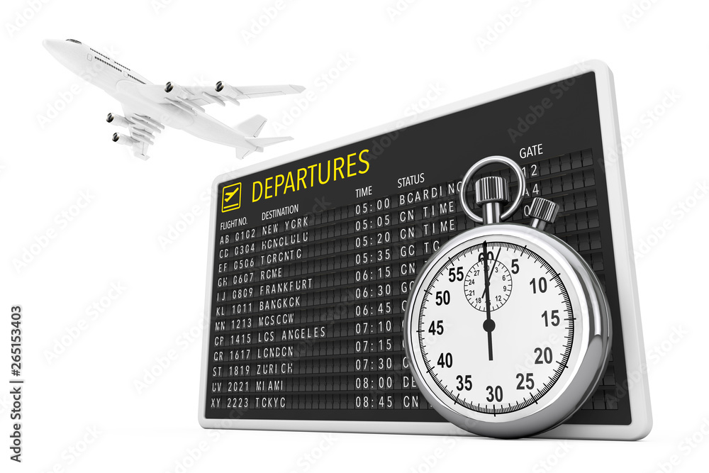 Poster in time fly concept. white jet passengers airplane over airport departures table board with stopwatc