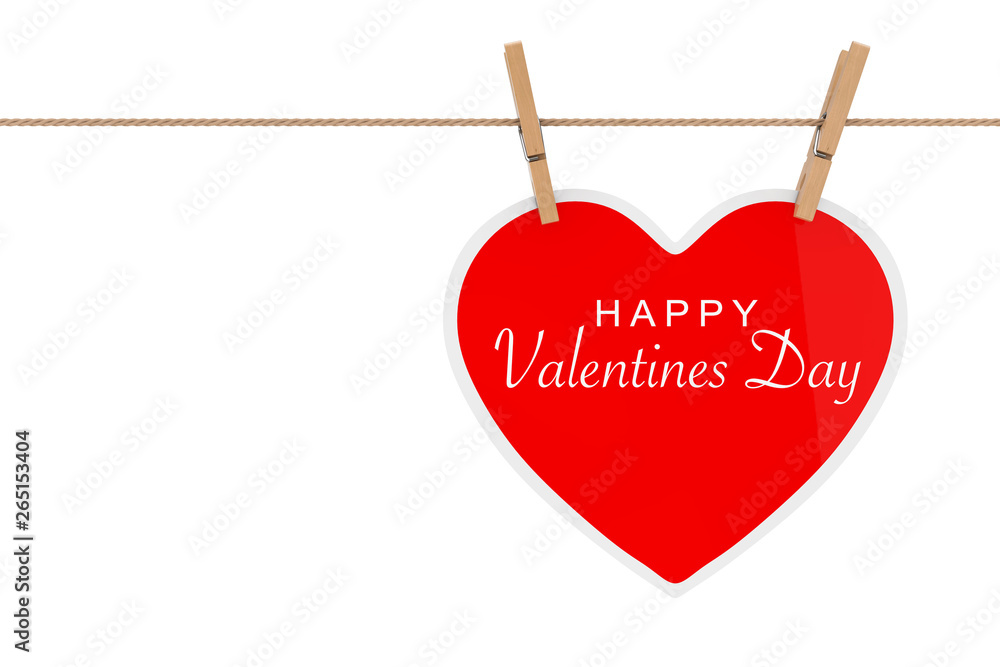 Aufkleber Red Paper Heart with Happy Valentines Day Sign Hanging on a Rope. 3d Rendering