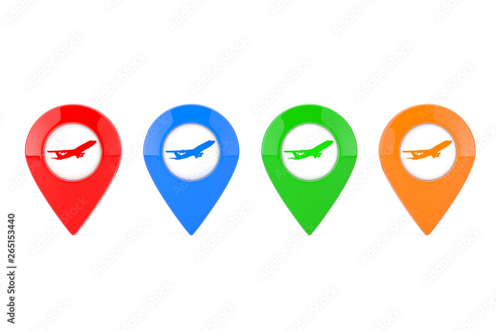 Poster Set of Colorful Map Pointer Pins with Airplane Icon. 3d Rendering
