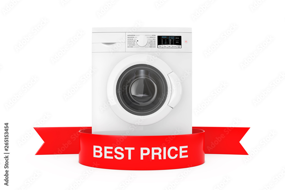 Aufkleber Modern Washing Machine with Red Ribbon Best Price Sign. 3d Rendering