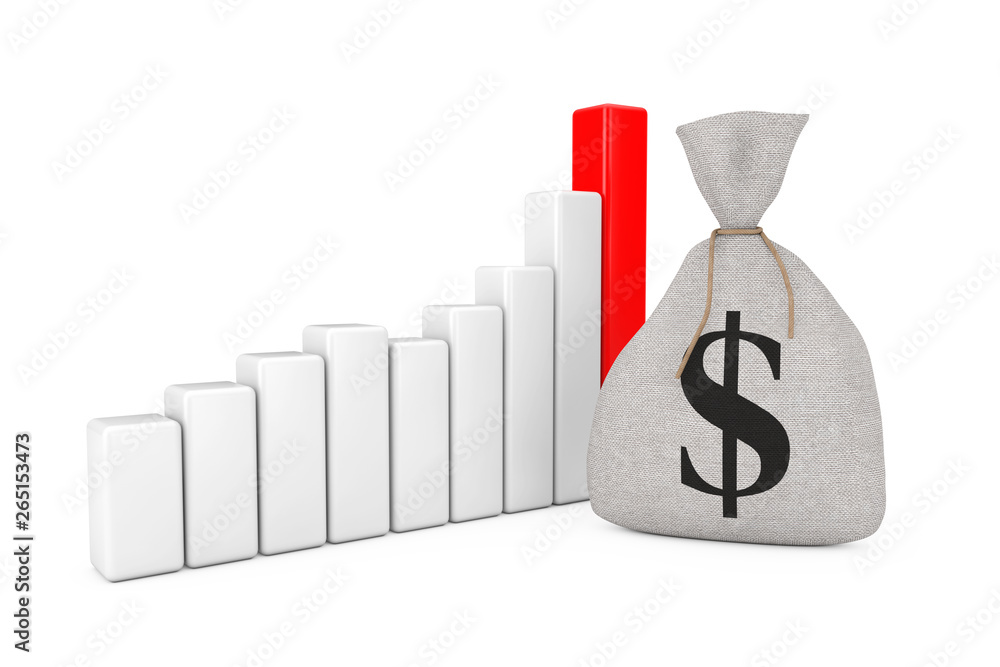 Poster Tied Rustic Canvas Linen Money Sack or Money Bag with Dollar Sign near Business Success Growth Graph Chart. 3d Rendering