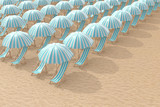 Rows of Striped Blue Beach Chairs with Umbrellas on a Beach Sand. 3d Rendering