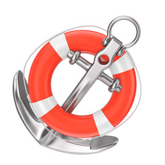Nautical Anchor with Lifebuoy. 3d Rendering