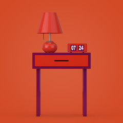 Vintage Flip Clock with Retro Night Table Lamp over Old Stylish Table. 3d Rendering