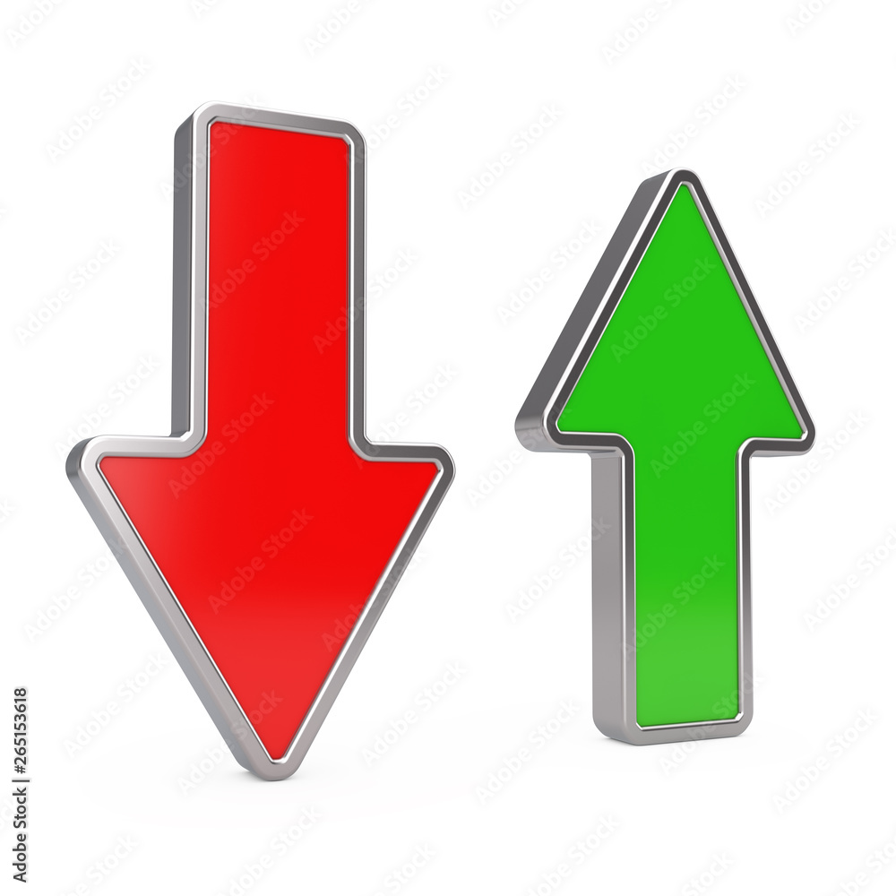Poster red arrow down and green arrow up. 3d rendering