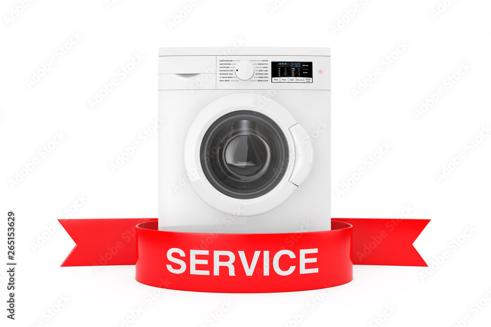Aufkleber modern washing machine with red ribbon service sign. 3d rendering