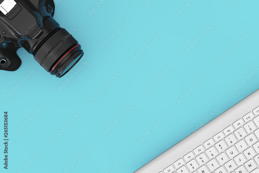 Poster Modern Digital Photo Camera with Computer Keyboard. 3d Rendering