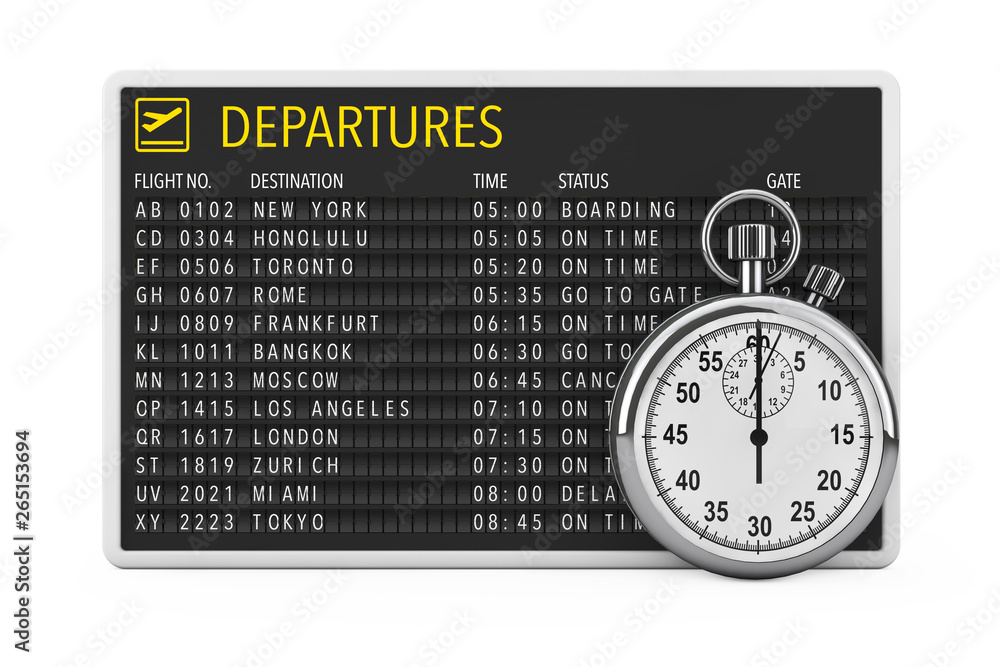 Poster in time fly concept. airport departures table board with stopwatch. 3d rendering