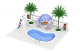 Vacation Concept. Isometric Water Pool, Mini Bar and Palms. 3d Rendering