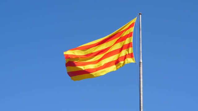 Large Senyera flag slowly wave in air, two birds fly by lower, slow motion shot. Vivid standard waving on breeze against clear blue sky