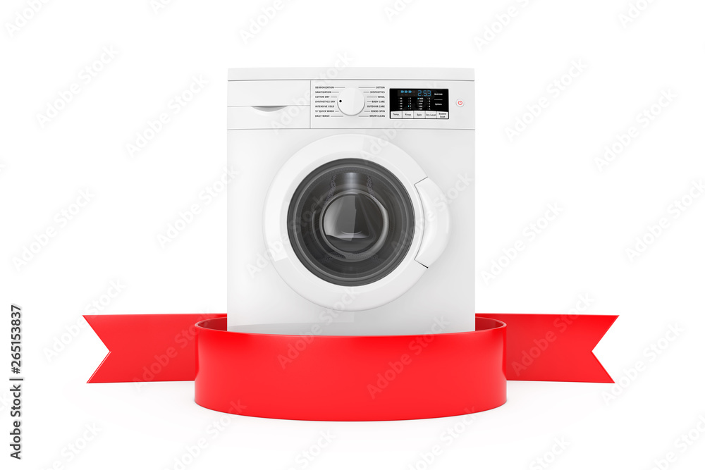 Aufkleber Modern Washing Machine with Blank Red Ribbon for Your Design. 3d Rendering