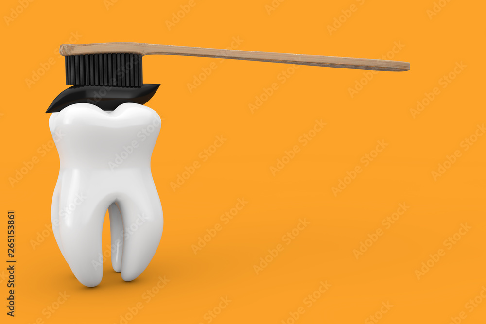 Poster white tooth and wooden bamboo tooth brush with black charcoal toothpaste. 3d rendering