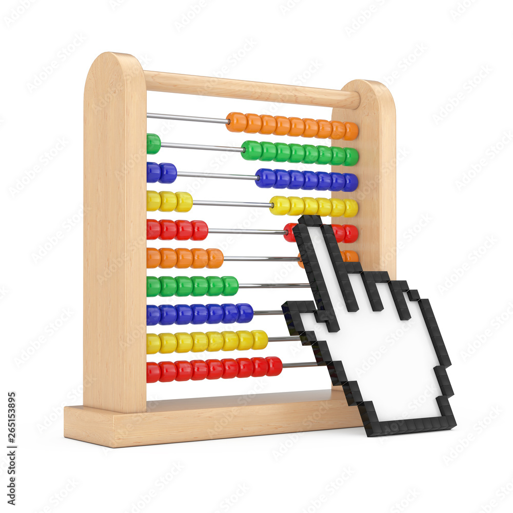 Poster Wooden Children Abacus Toy for Learn Counting with Pixel Icon Hand. 3d Rendering