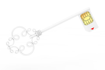 Sim Card Protection Concept. White Vintage Key with Sim Card. 3d Rendering