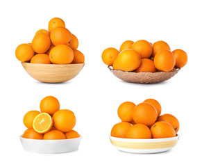 Set of ripe juicy oranges in different dishware on white background
