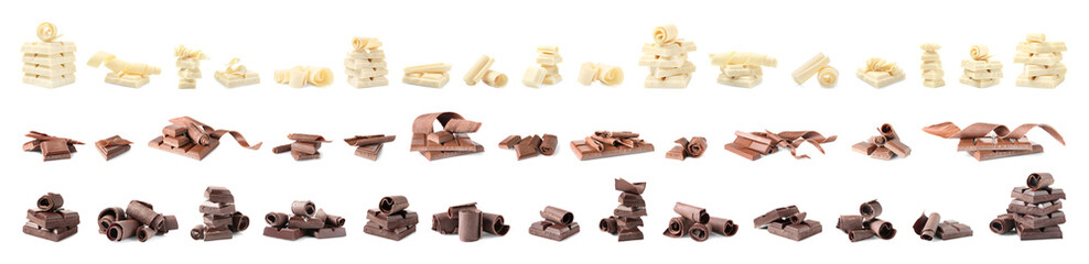 Set of different delicious chocolate curls and pieces on white background - obrazy, fototapety, plakaty