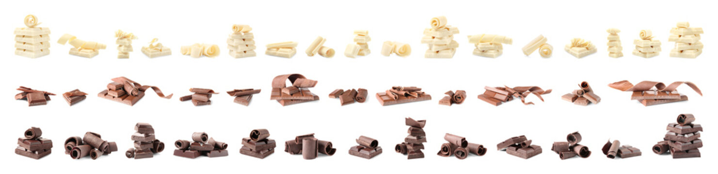 Set of different delicious chocolate curls and pieces on white background