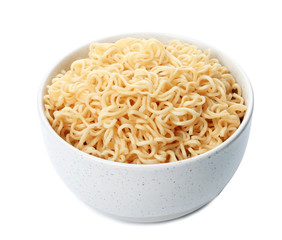 Tasty instant noodles in bowl isolated on white