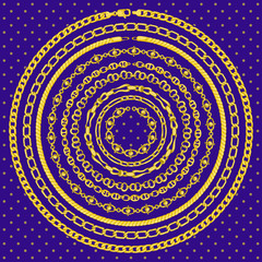 Border pattern with retro hand-drawn sketch golden chain on dark blue background. Tranding drawing print for scarf or bandana.