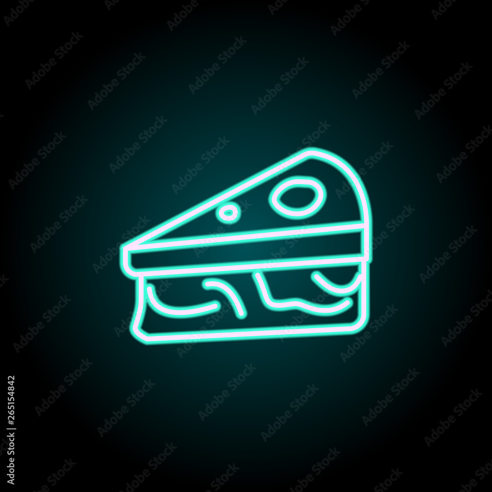 Poster piece of cake neon icon. elements of fast food set. simple icon for websites, web design, mobile app