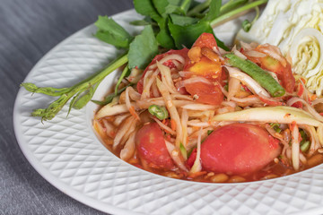 Somtam or papaya salad, Thai food. Papaya salad or Thailand name somtam hot and spicy full flavors