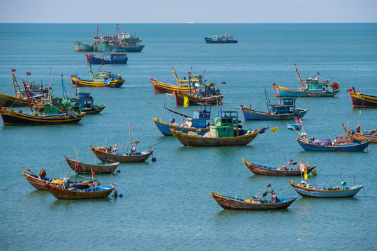 many fishing boats in aerial view
