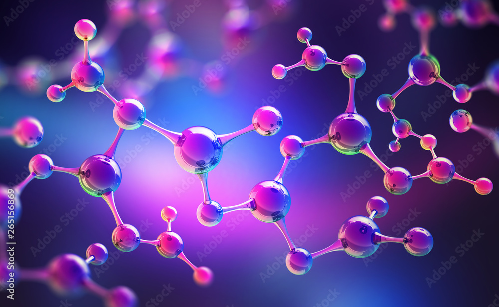 Leinwandbilder Medical studies of molecular structures. Science in the service of man. Technologies of the future in our life. 3D illustration of a molecule model in neon light