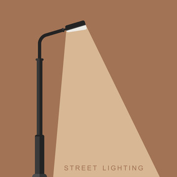 Outdoor lighting flat banner. Background with a luminous street lamppost.