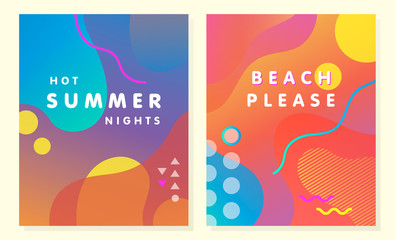 Unique artistic summer cards with bright gradient background,shapes and geometric elements in memphis style.Abstract design cards perfect for prints,flyers,banners,invitations,special offer and more.