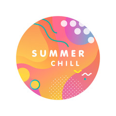 Unique artistic design card - summer chill with bright gradient background,shapes and geometric elements in memphis style.Bright poster perfect for prints,flyers,banners,invitationsand more.