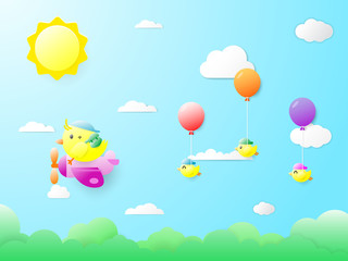 Obraz na płótnie Canvas Baby birds, colorful balloons, floating on the mother bird On the day that the bright sky and the sun shone brightly. Birds in paper art. Vector illustration.
