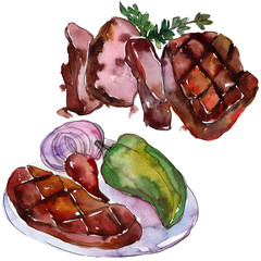 Grilled steak tasty food. Watercolor background illustration set. Isolated steak illustration element.