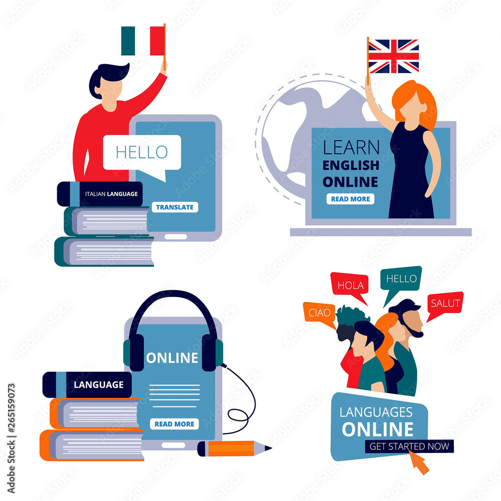 Poster language courses. study english learning chinese italian use dictionary for learning training center