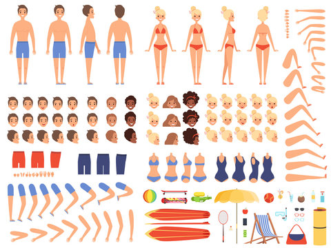 Summer people. Creation kit collection of body parts male and female summer characters swimsuit vector vacation travelers collection. Constructor character woman and man body illustration
