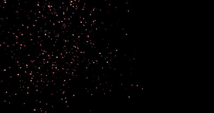 Confetti explosion in 3d space with freezing  bullet time moment. Bright pop, modern colors with glow and shine. Sci-fi footage with tiles explosion for celebration