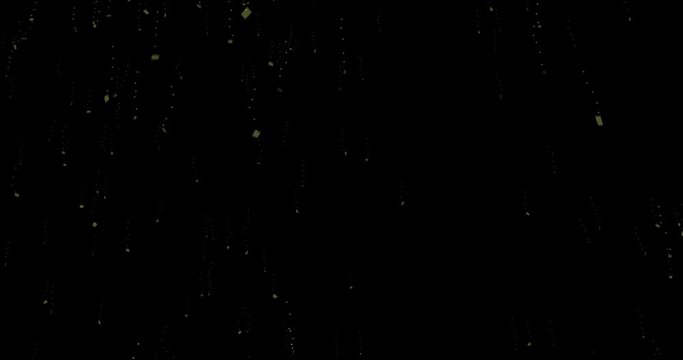 Confetti explosion with bright colorful colors, lights and shining.  Particular effect of gold tiles exploding from on point at top to ground. Randomic movement of confetti in space