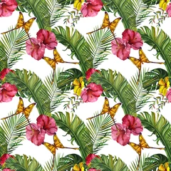 Deurstickers Watercolor tropical wildlife seamless pattern. Hand Drawn jungle nature, lemur, hibiscus flowers illustration © Artmirei
