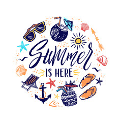 Summer is here hand drawn banner with sun, sunglasses, cocktails. Summer sketch vacation elements illustration